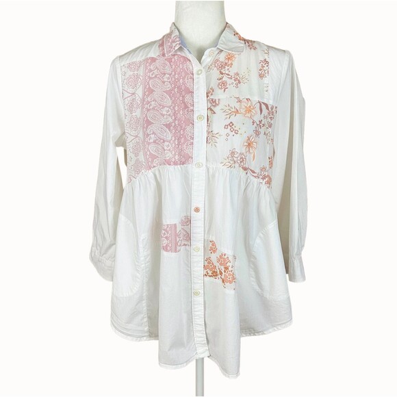 Maeve Mavis Patchwork Button-up Top Size M White Pink Cotton 3/4 Sleeves Pockets - Picture 1 of 5
